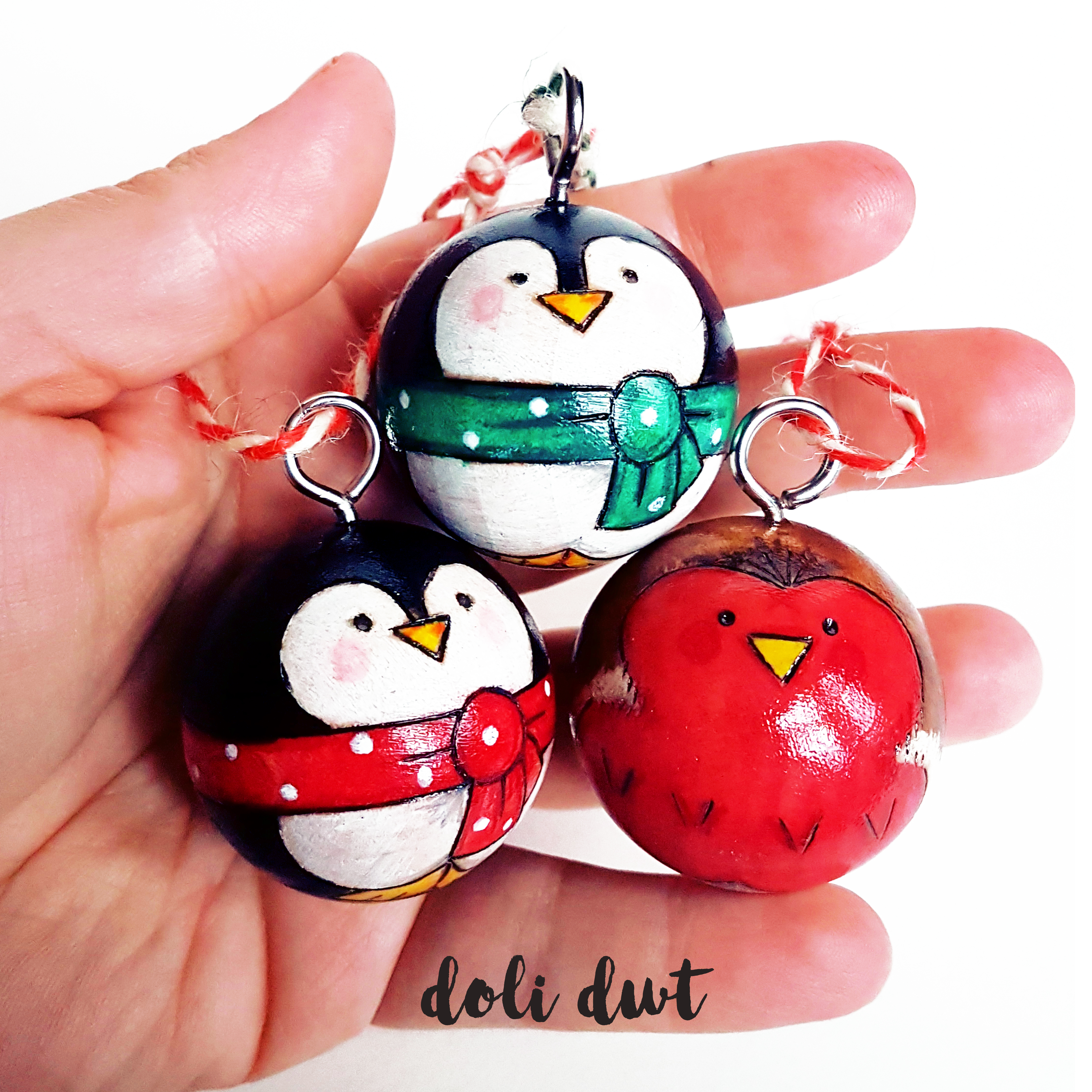 penguin, penguin decoration, penguin bauble, handmade bauble, christmas decoration, robins, robin bauble, christmas robin, peg doll
