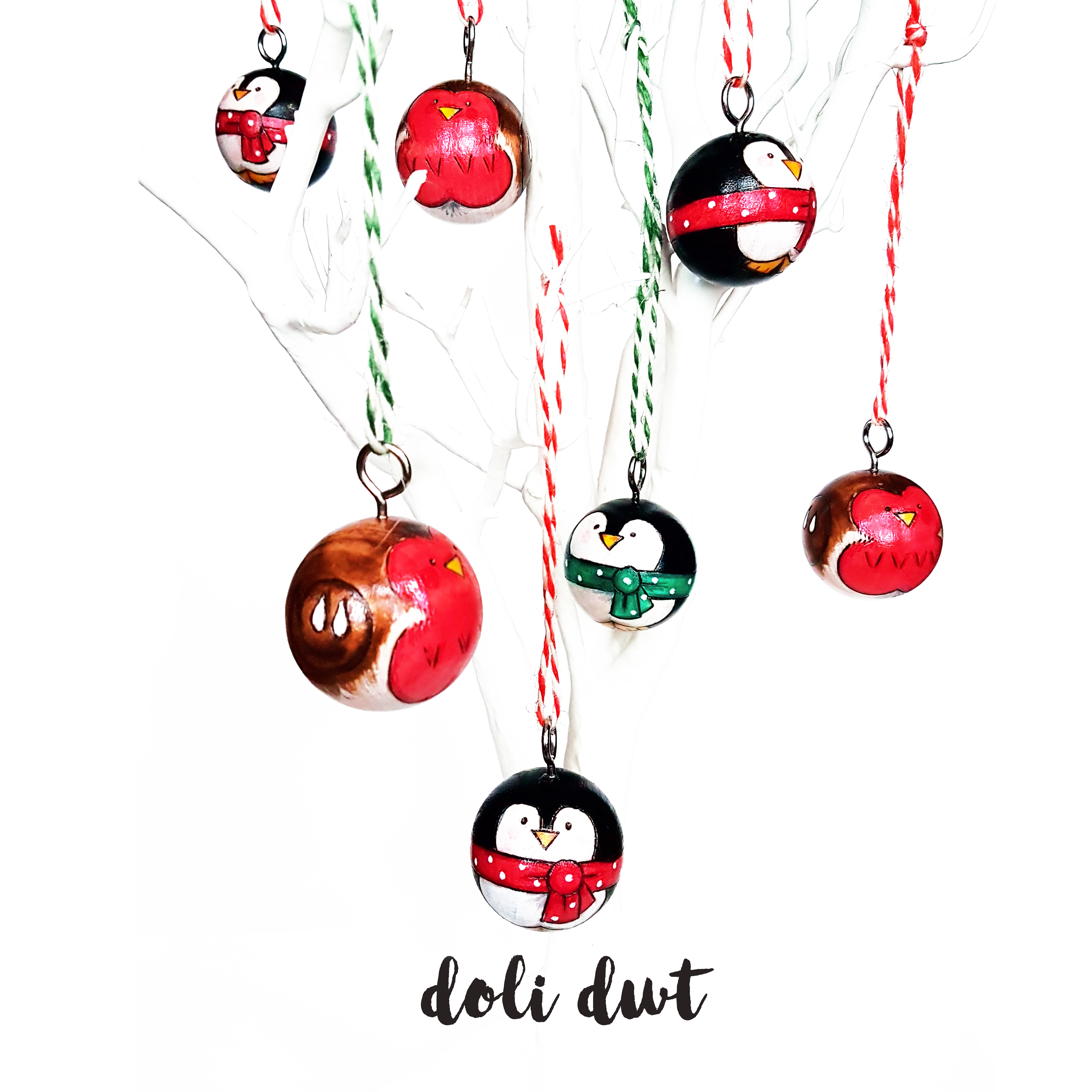penguin, penguin decoration, penguin bauble, handmade bauble, christmas decoration, robins, robin bauble, christmas robin