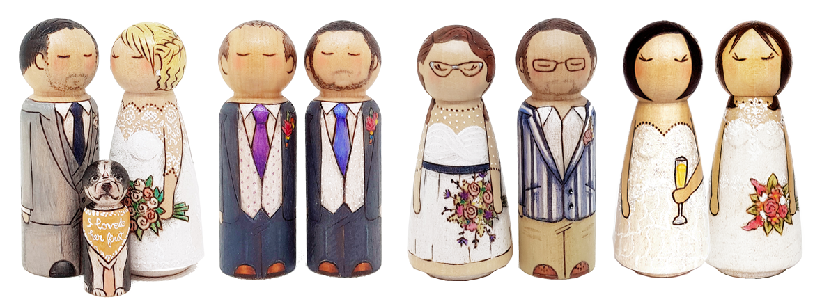 wedding cake topper, wedding cake, personalised wedding cake topper, bride and groom peg dolls, personalised peg doll