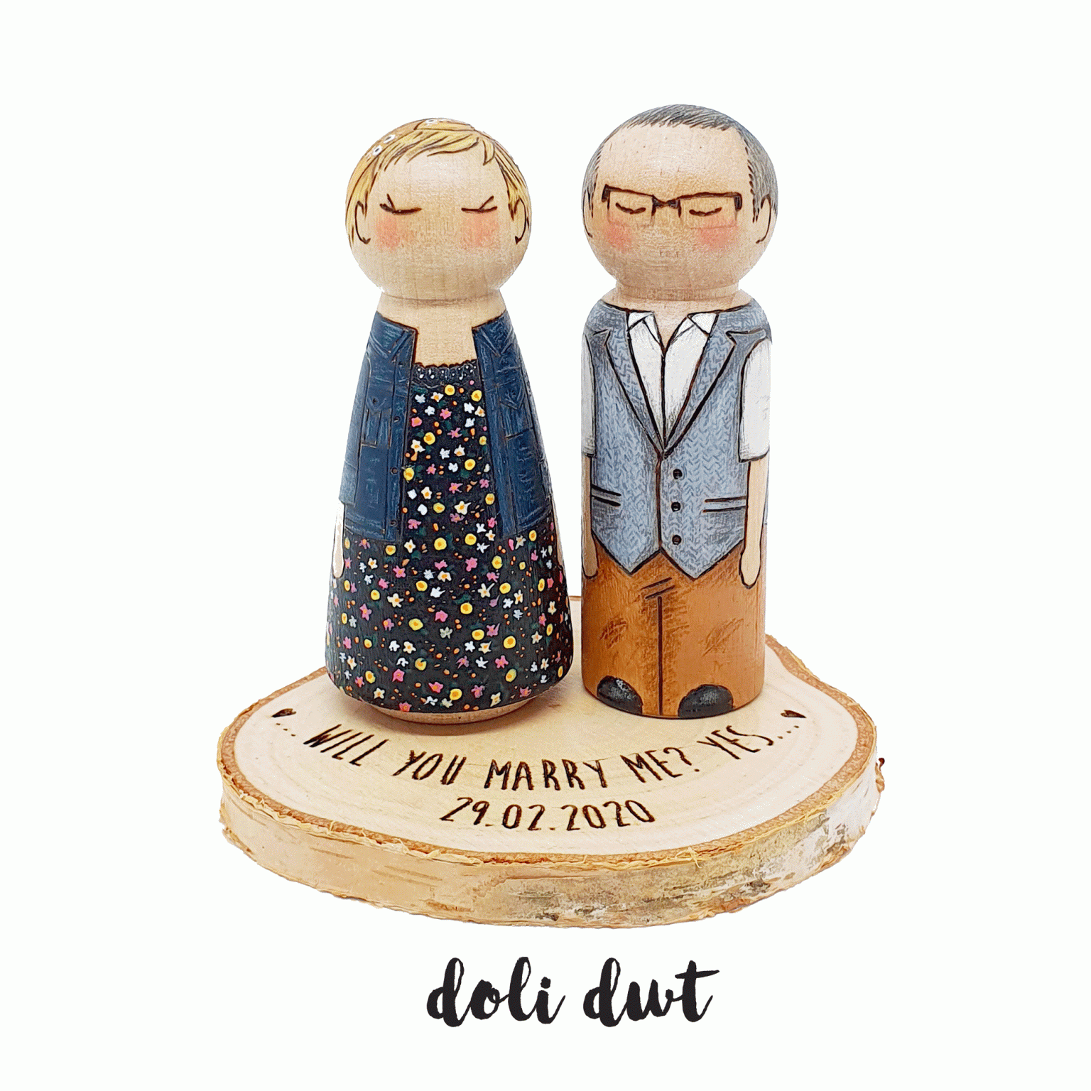 peg doll couple with display stand, peg dolls, peg doll couple, engagement gift