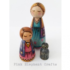 Mother, Daughter and Small Pet Peg Dolls 